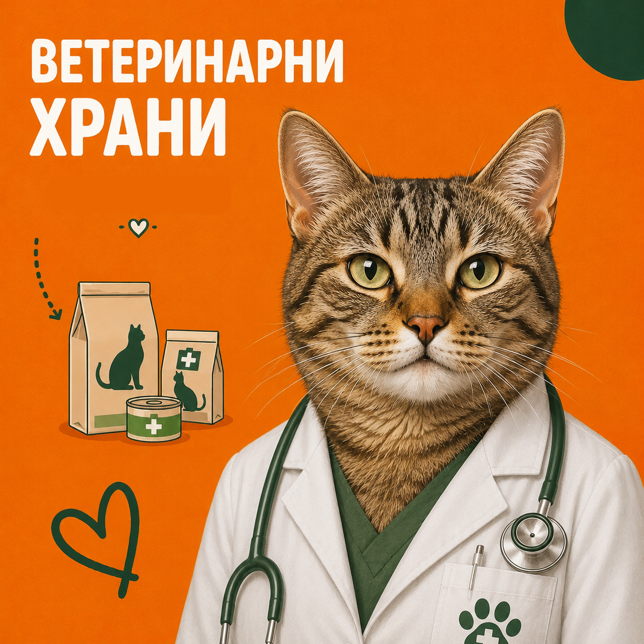 A stylized promotional graphic with a tabby cat dressed as a veterinarian, wearing a white coat and stethoscope against a bright orange background. White Cyrillic text reads 'ВЕТЕРИНАРНИ ХРАНИ' and '- ЗА КОТКИ -'.