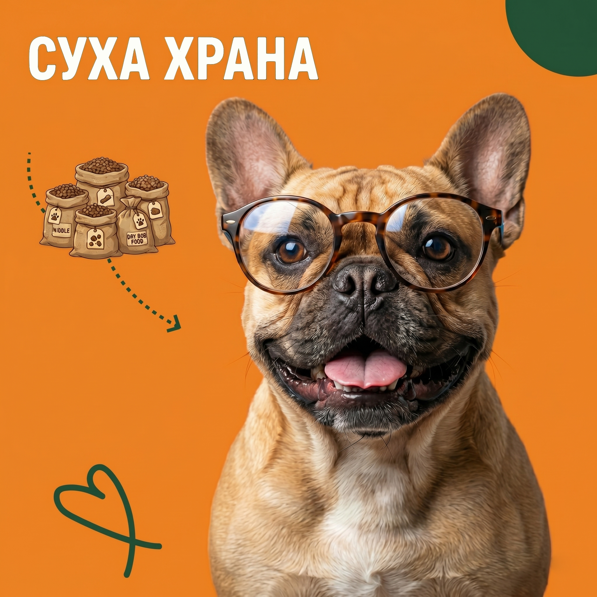 Dog with glasses showcasing dry dog food