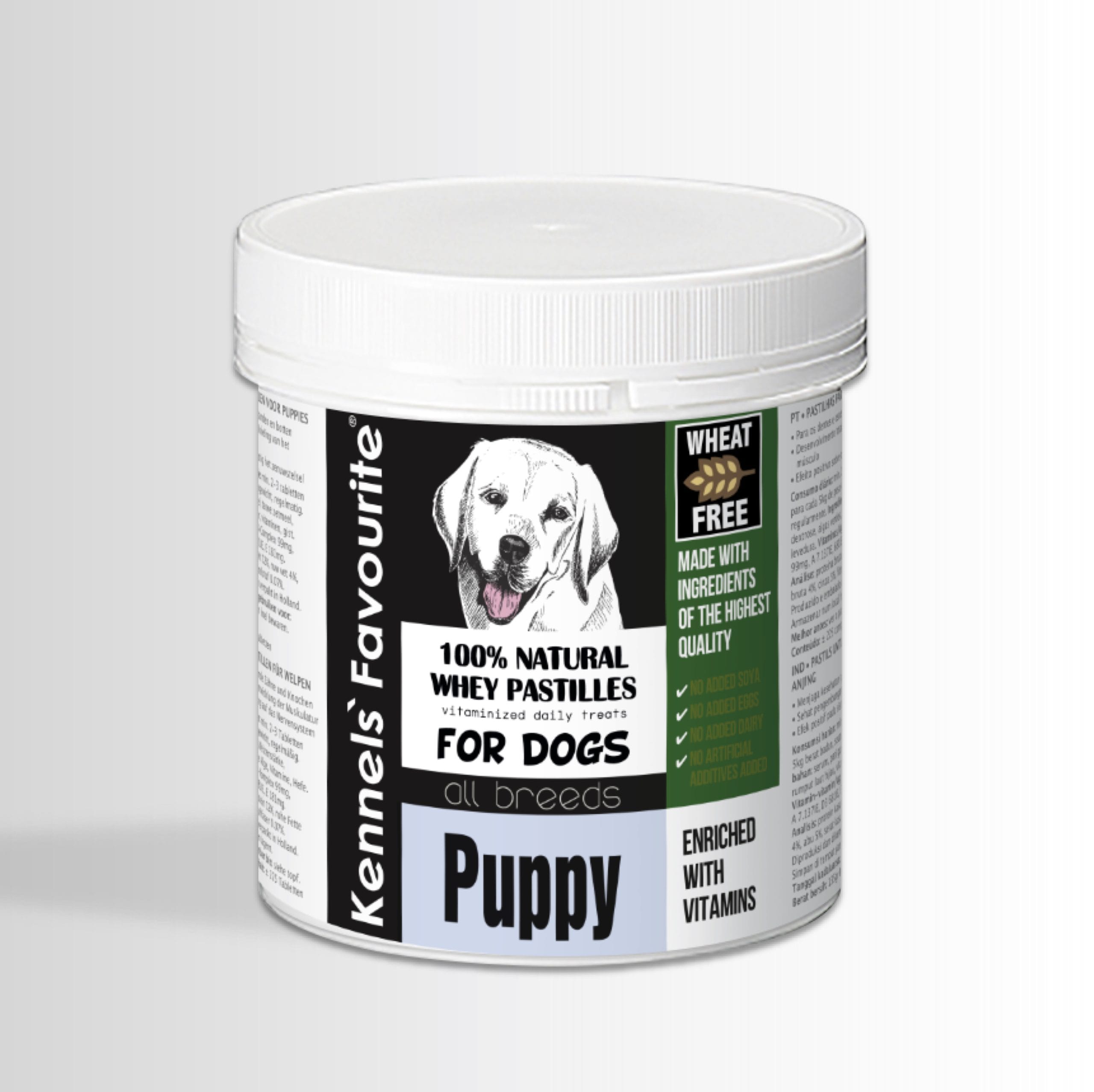 Container of Kennel's Favourite Puppy dog treats on a white background