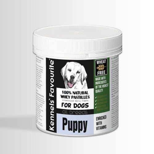 Container of Kennel's Favourite Puppy dog treats on a white background