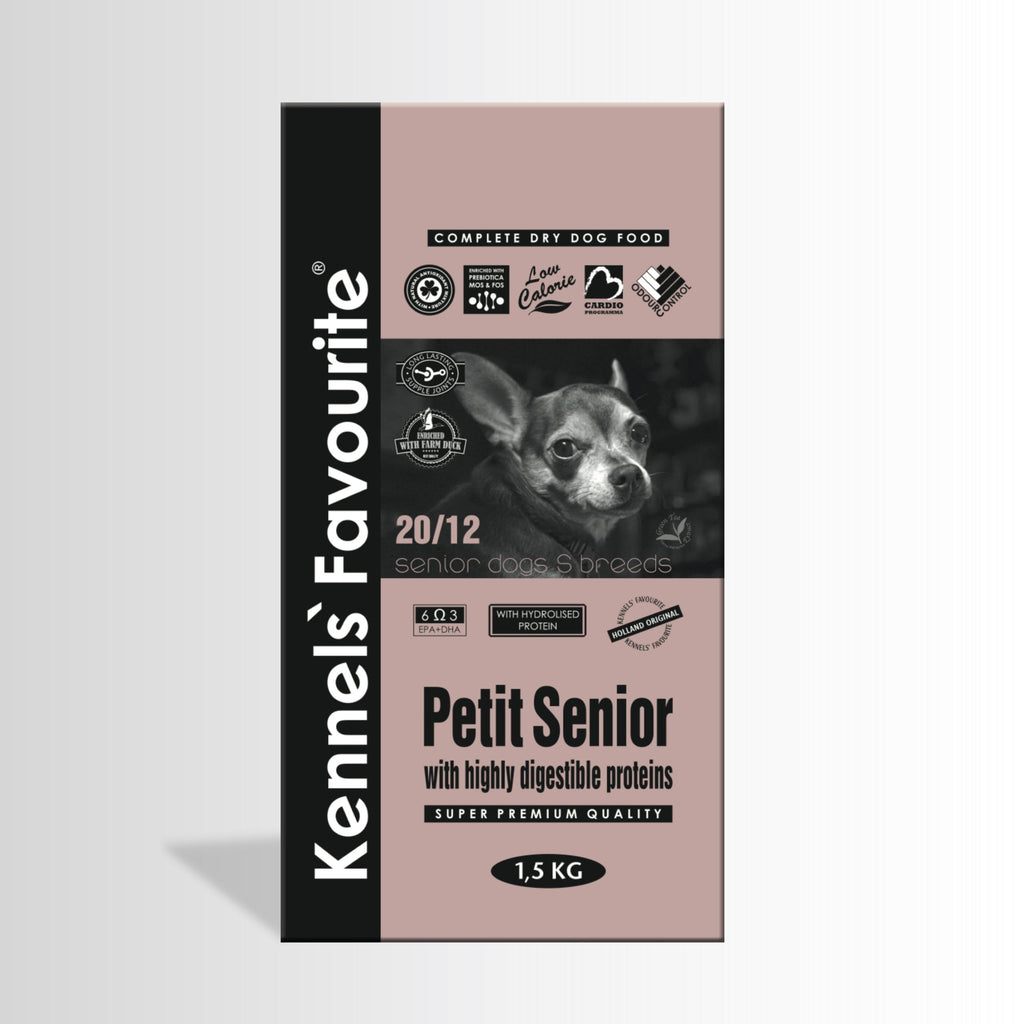 Dog food package for 'Petit Senior' dogs with a pink and black design.