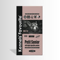 Dog food package for 'Petit Senior' dogs with a pink and black design.