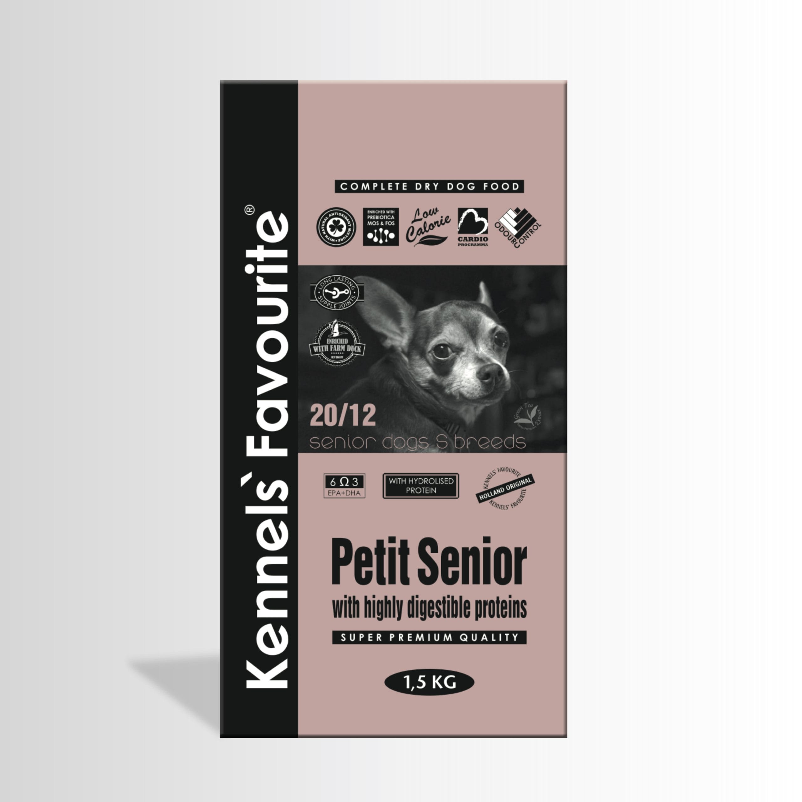 Dog food package for 'Petit Senior' dogs with a pink and black design.