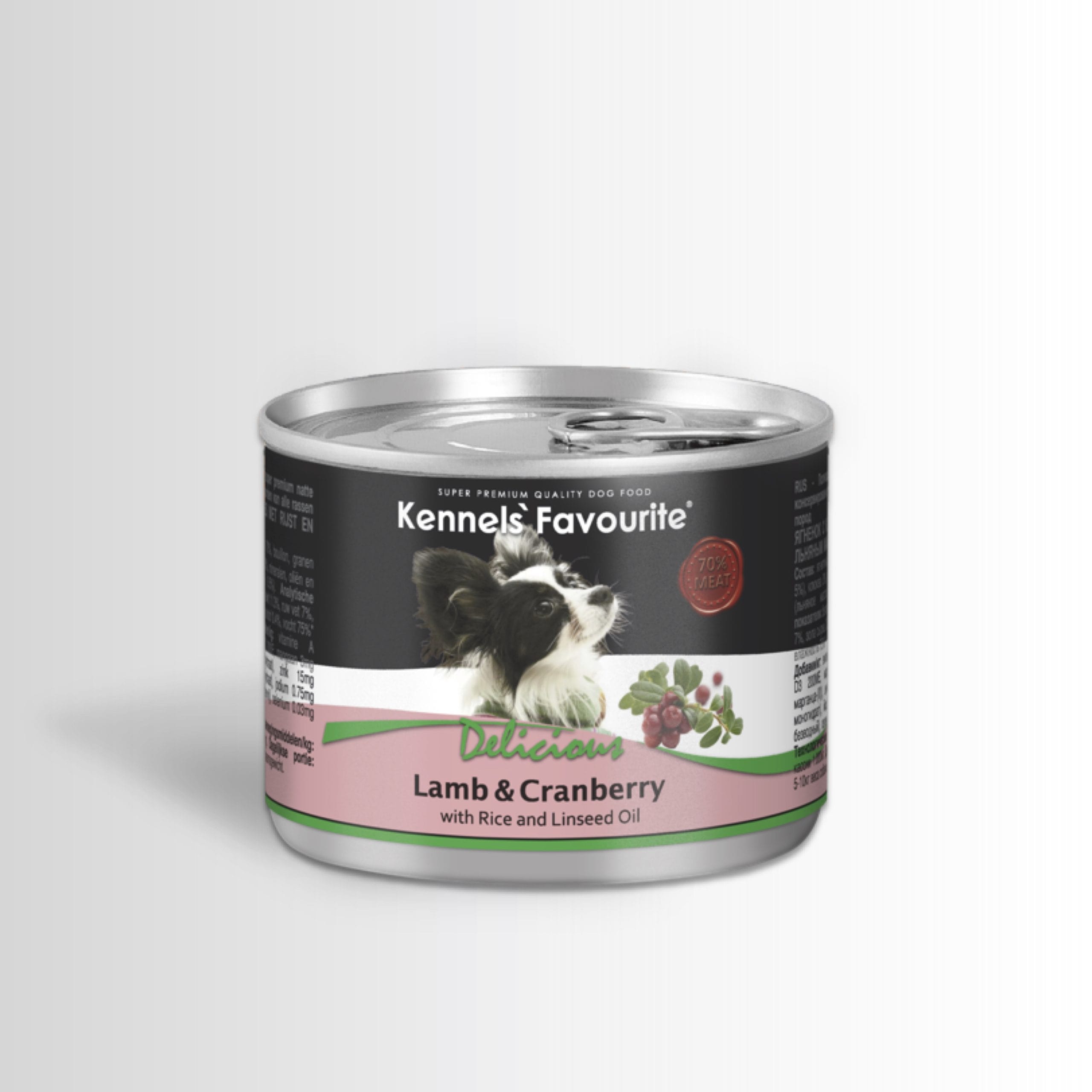 Can of Kennel's Favourite Lamb & Cranberry dog food on a white background