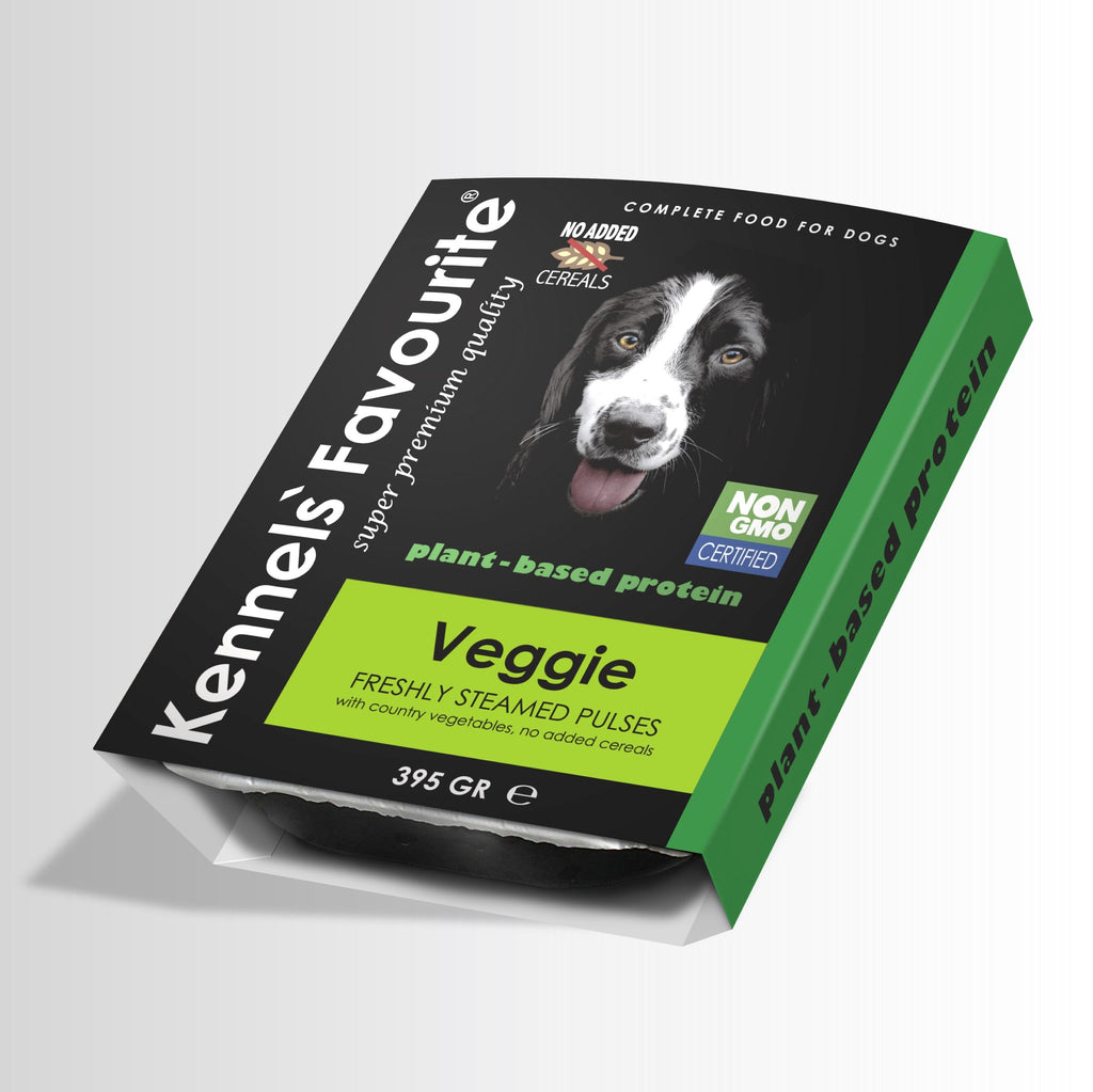 Dog food package with a black and white dog on a gray background