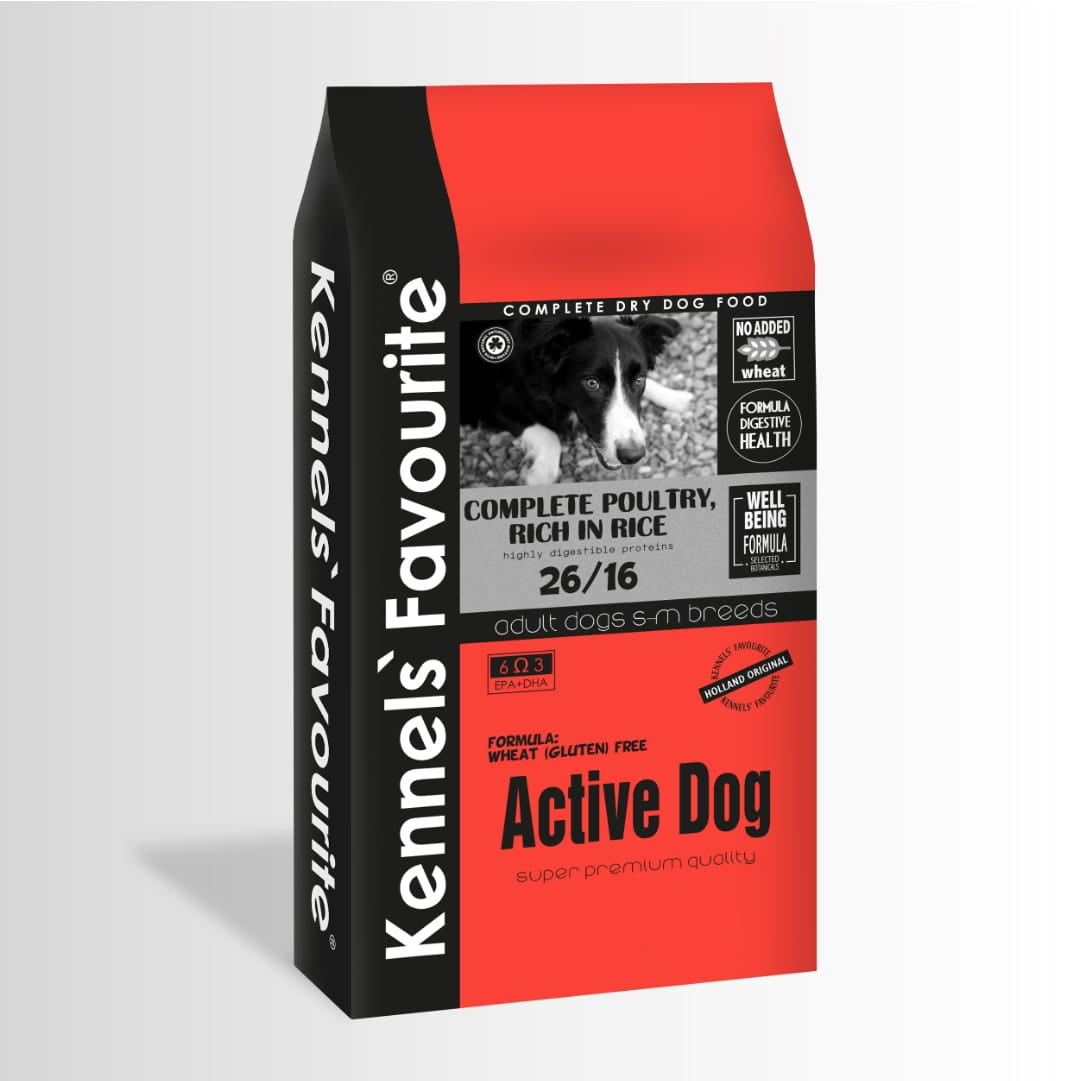Kennel's Favourite Active Dog food packaging on a light gray background