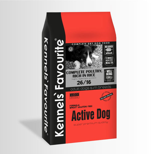 Kennel's Favourite Active Dog food packaging on a light gray background