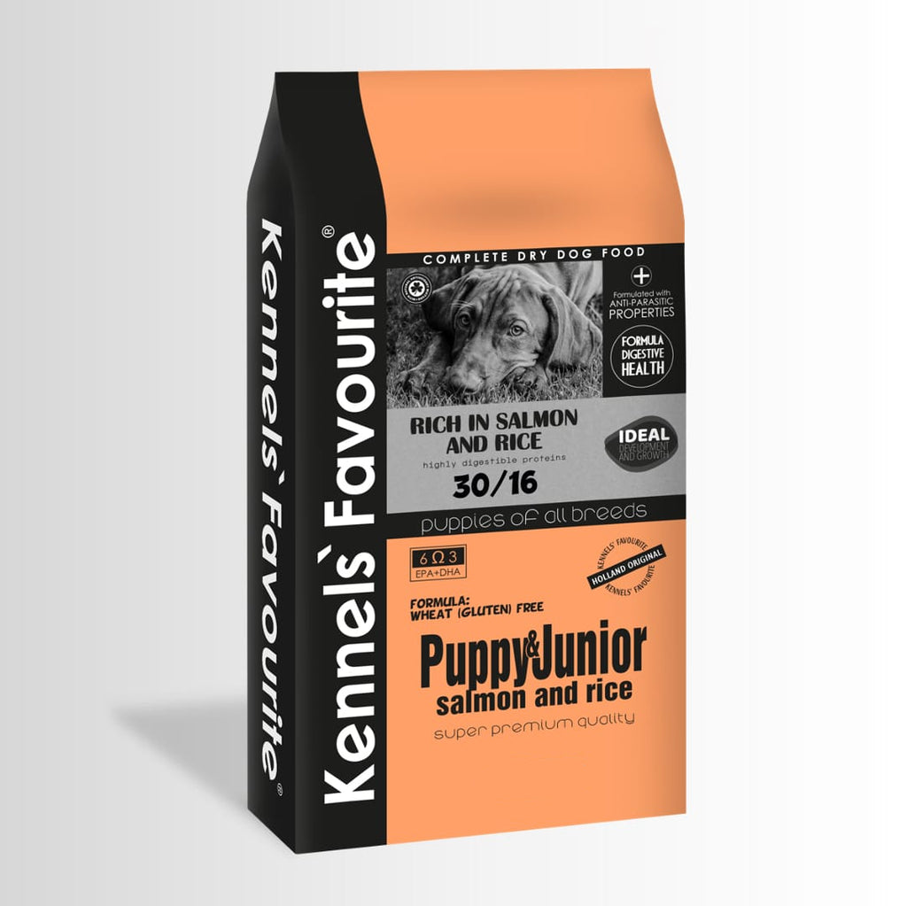Kennel's Favourite Puppy & Junior salmon and rice dog food packaging on a white background
