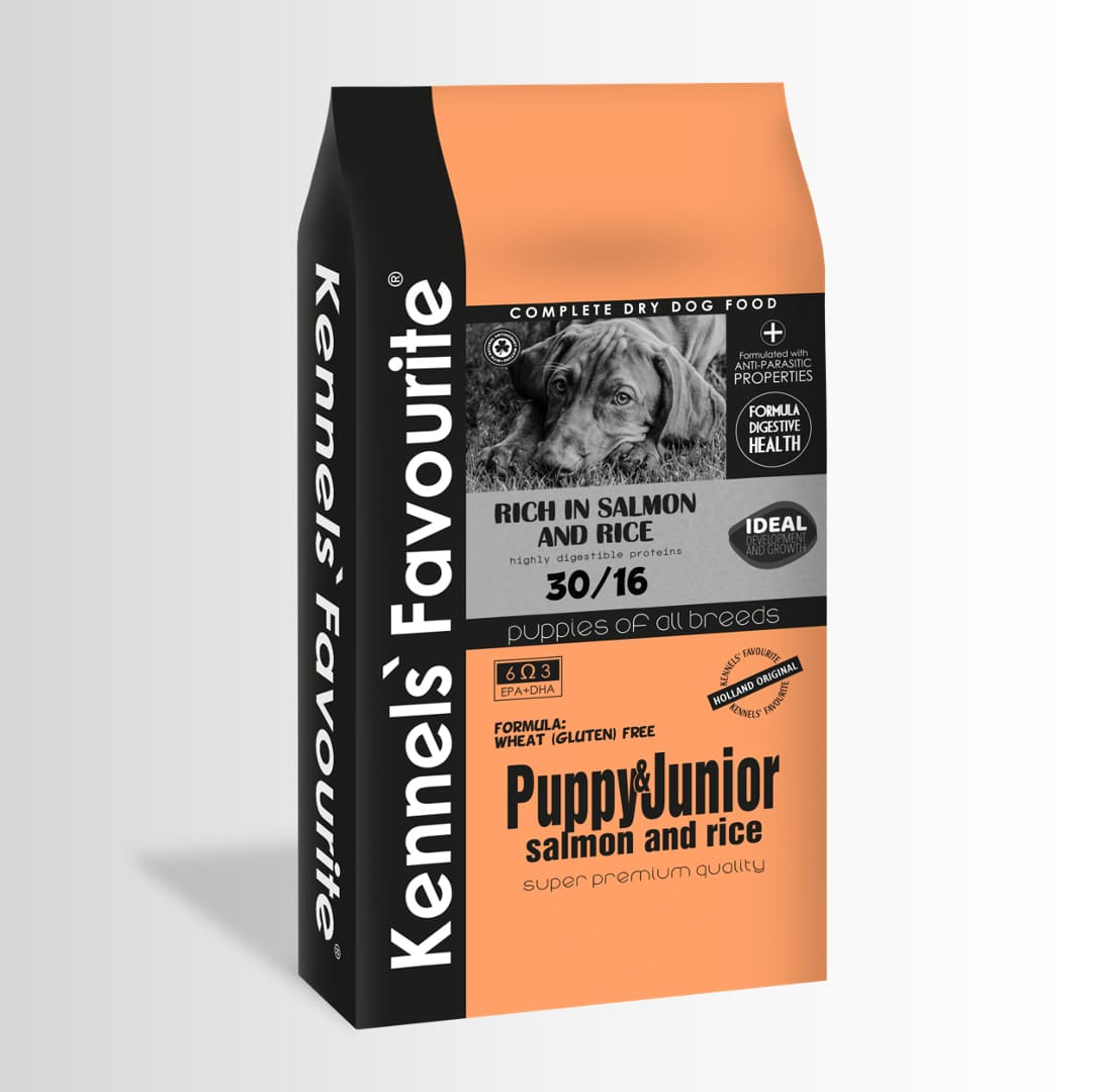 Kennel's Favourite Puppy & Junior salmon and rice dog food packaging on a white background