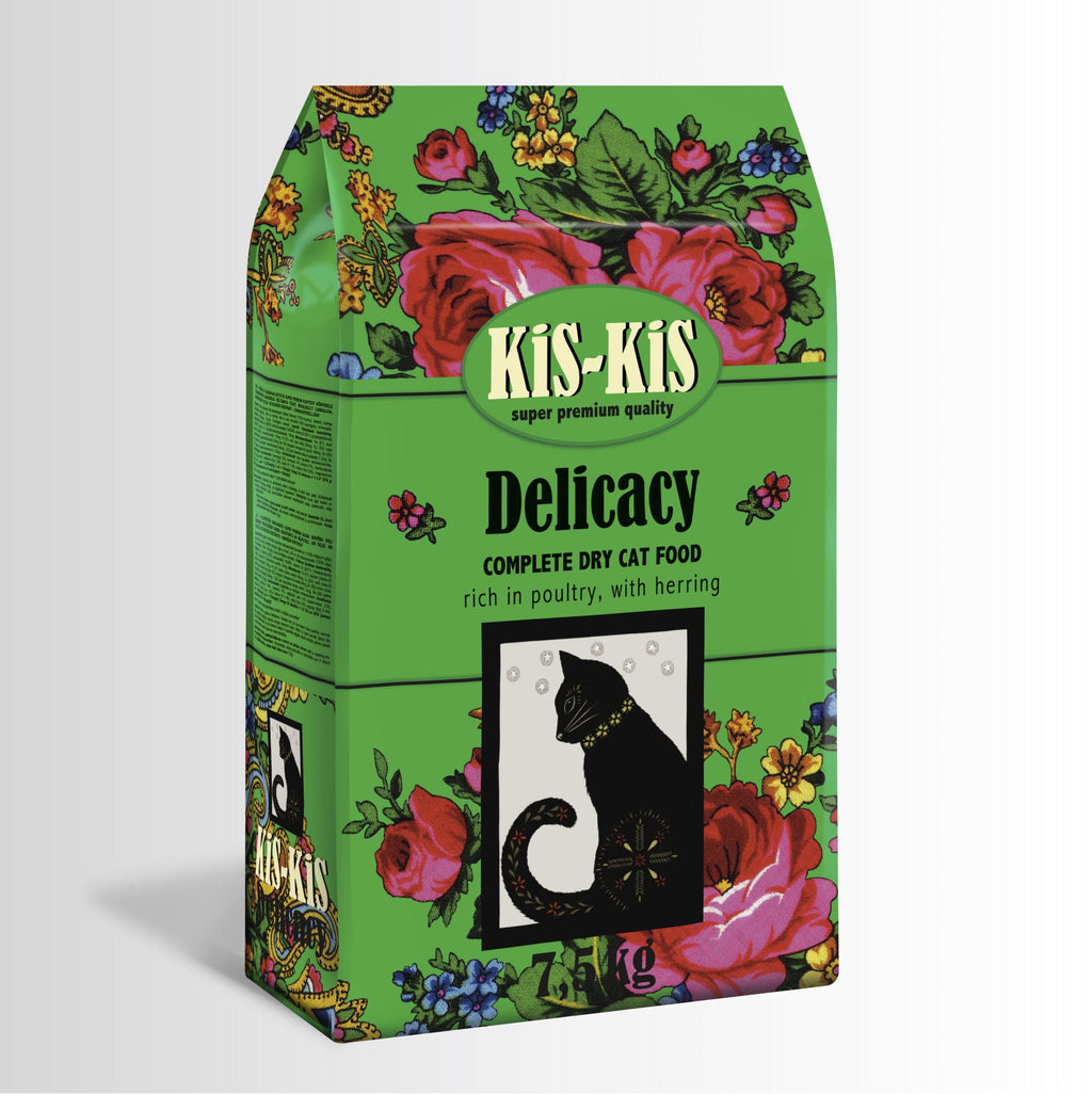 Kis-Kis Delicacy cat food packaging with floral design on a white background
