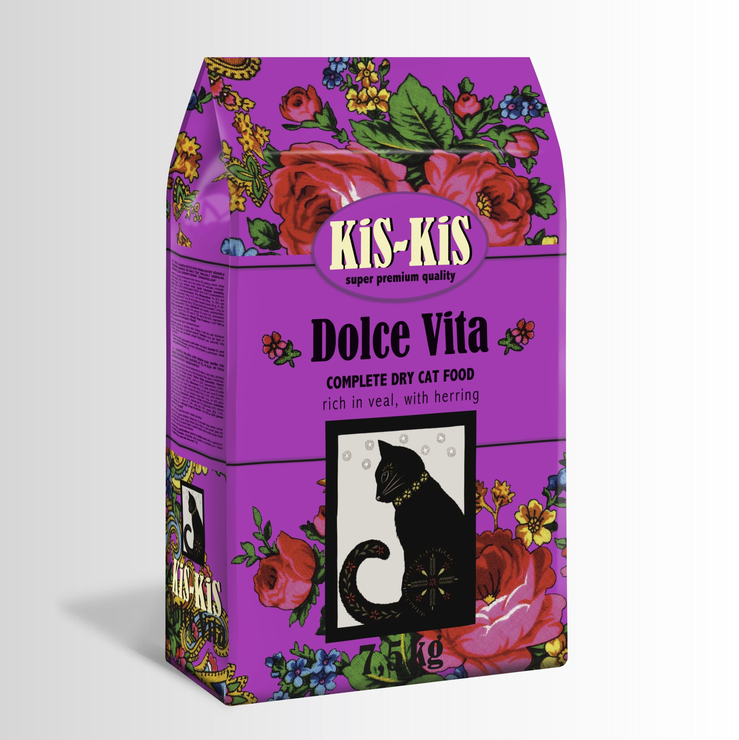 Kis-Kis Dolce Vita cat food packaging with floral design on a purple background