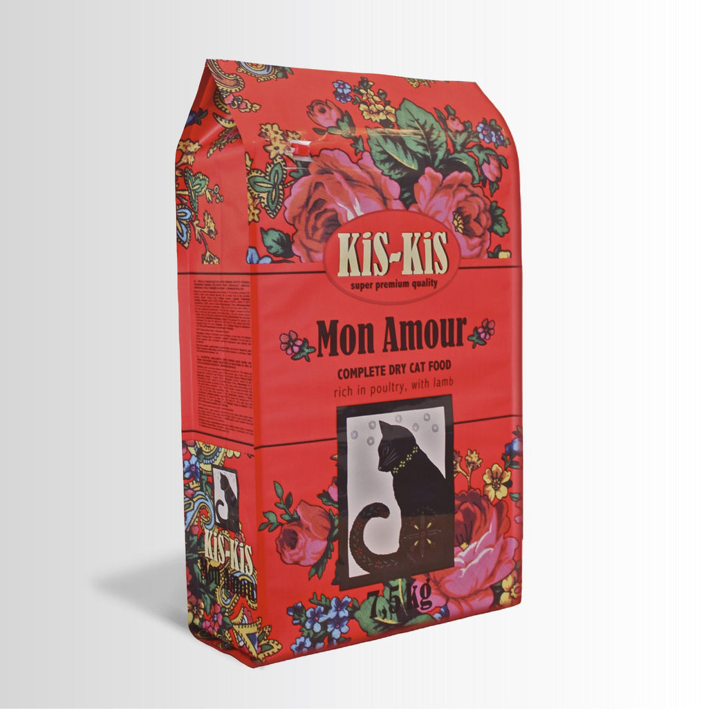 Kis-Kis Mon Amour cat food packaging with floral design on a white background