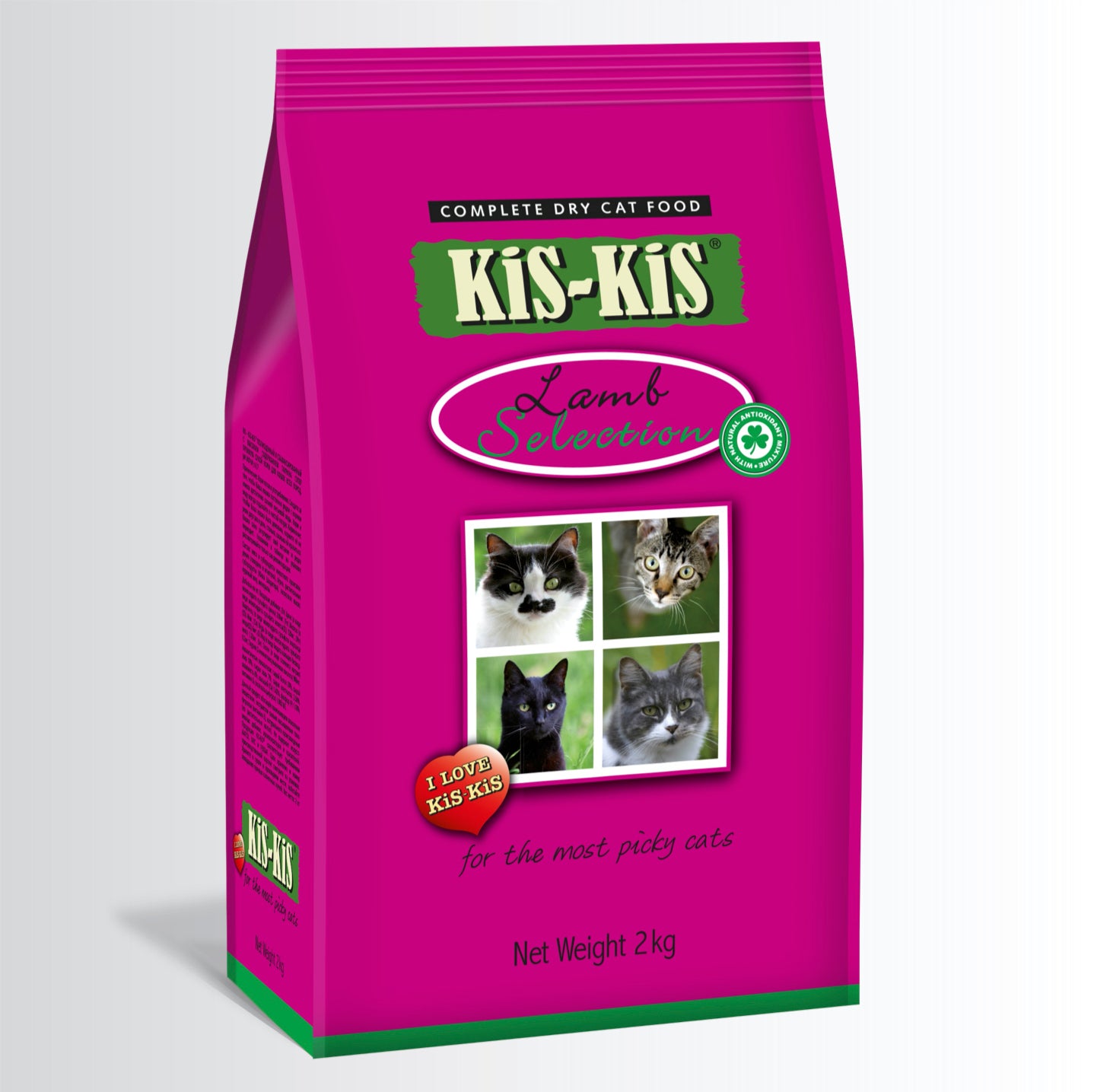Purple bag of Kis-Kis Lamb Selection cat food on a white background