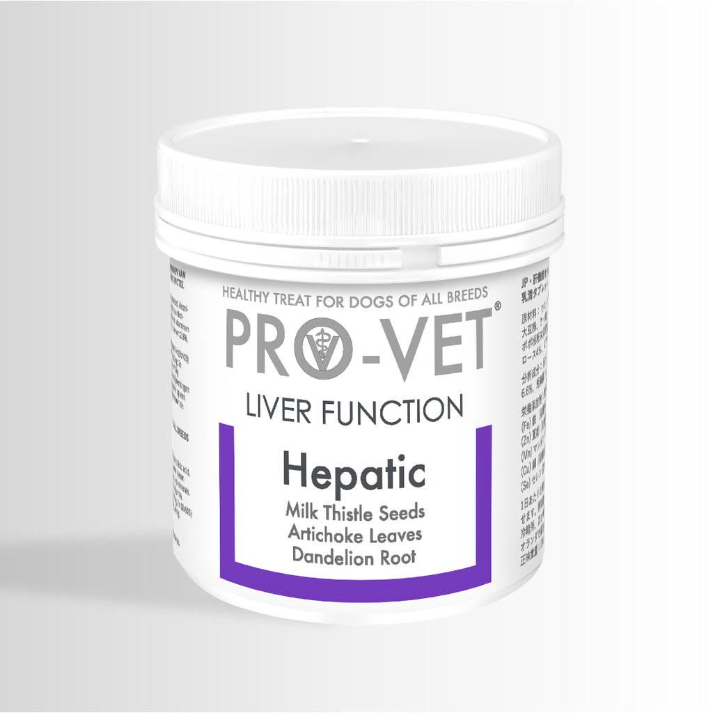 Pro-Vet liver function supplement jar for dogs on a white background