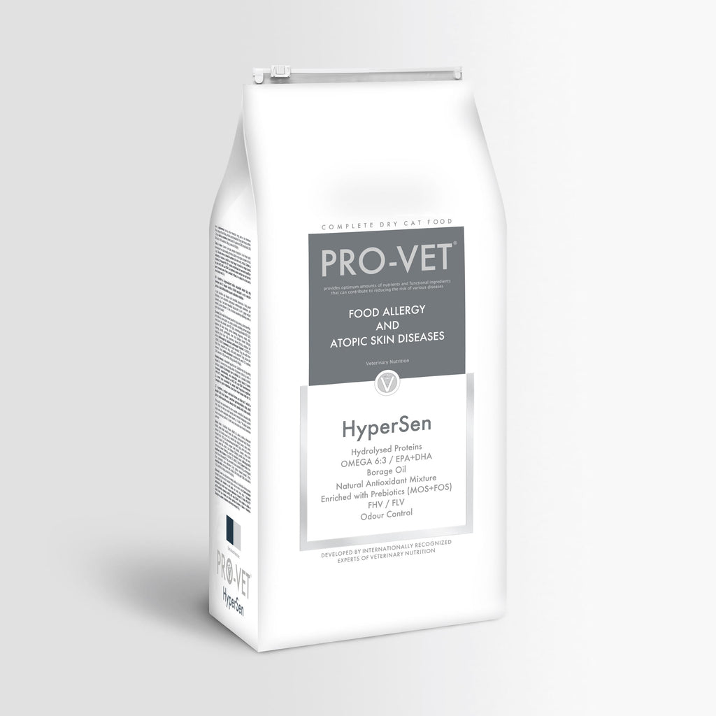 A 3kg white bag of Pro-Vet HyperSen Complete Dry Food supplement, featuring a gray and white label, shown on a light gray background.