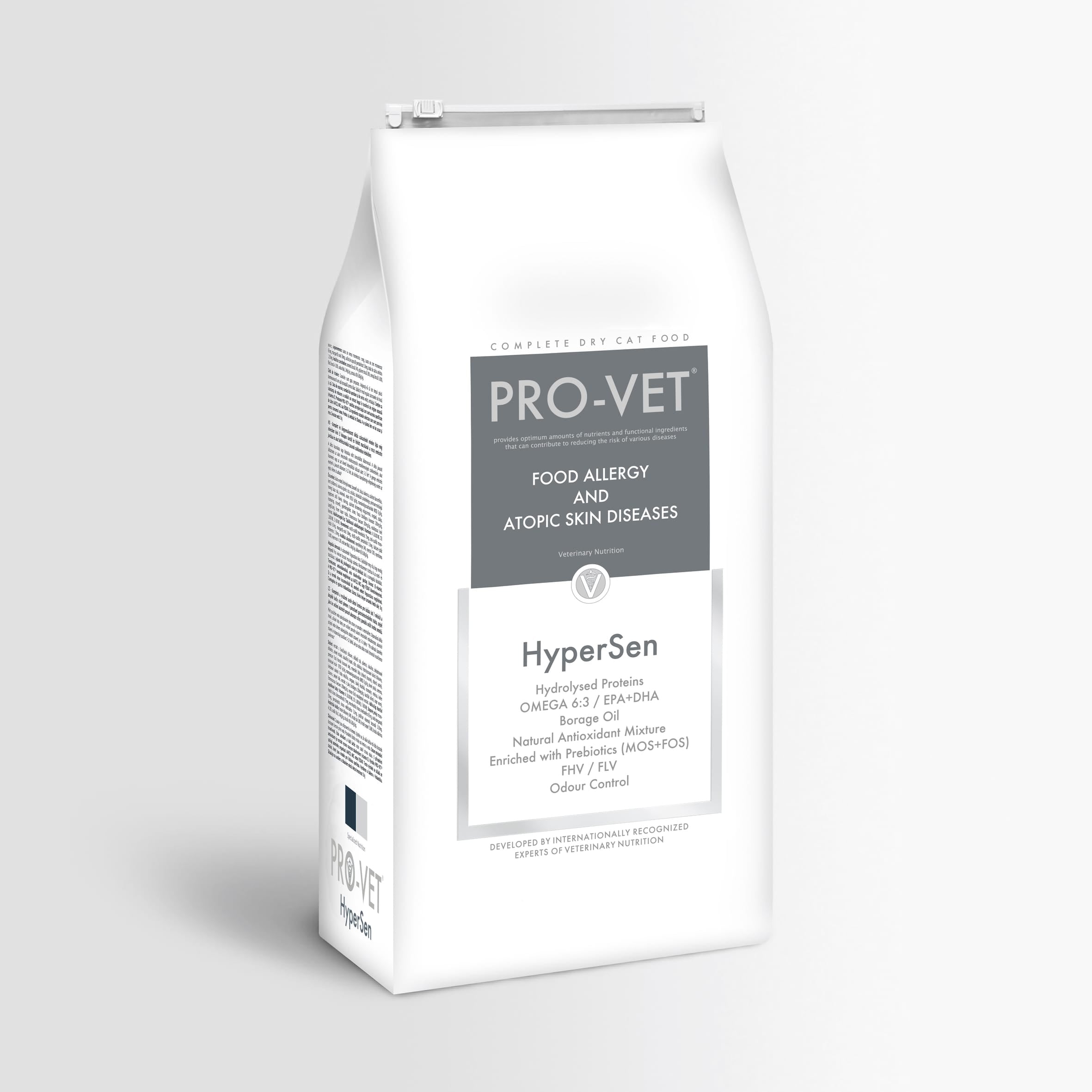 A 3kg white bag of Pro-Vet HyperSen Complete Dry Food supplement, featuring a gray and white label, shown on a light gray background.