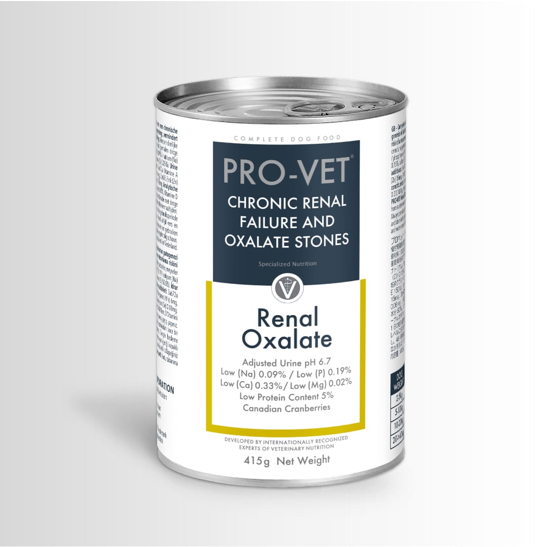 Pro-Vet can of complete dog food for chronic renal failure and oxalate stones on a white background