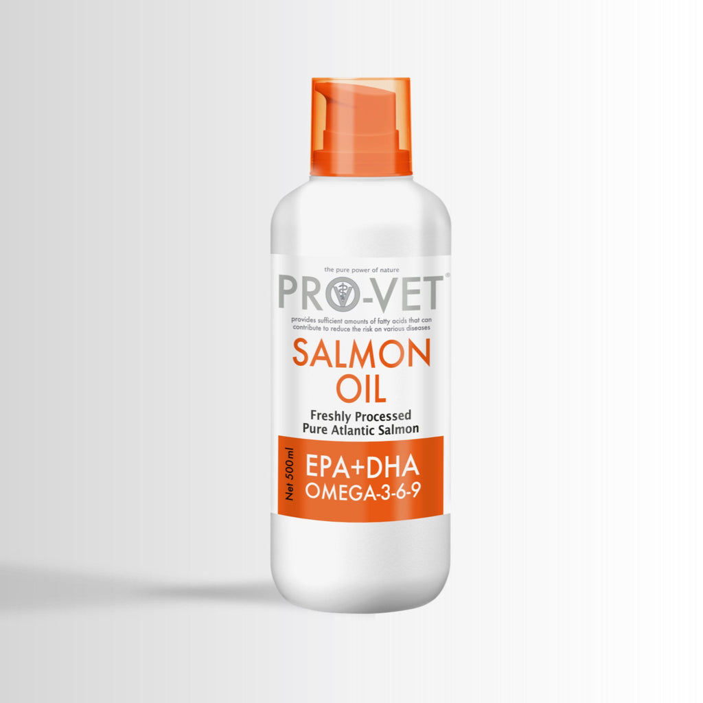 Pro-Vet Salmon Oil bottle with orange cap on a light gray background
