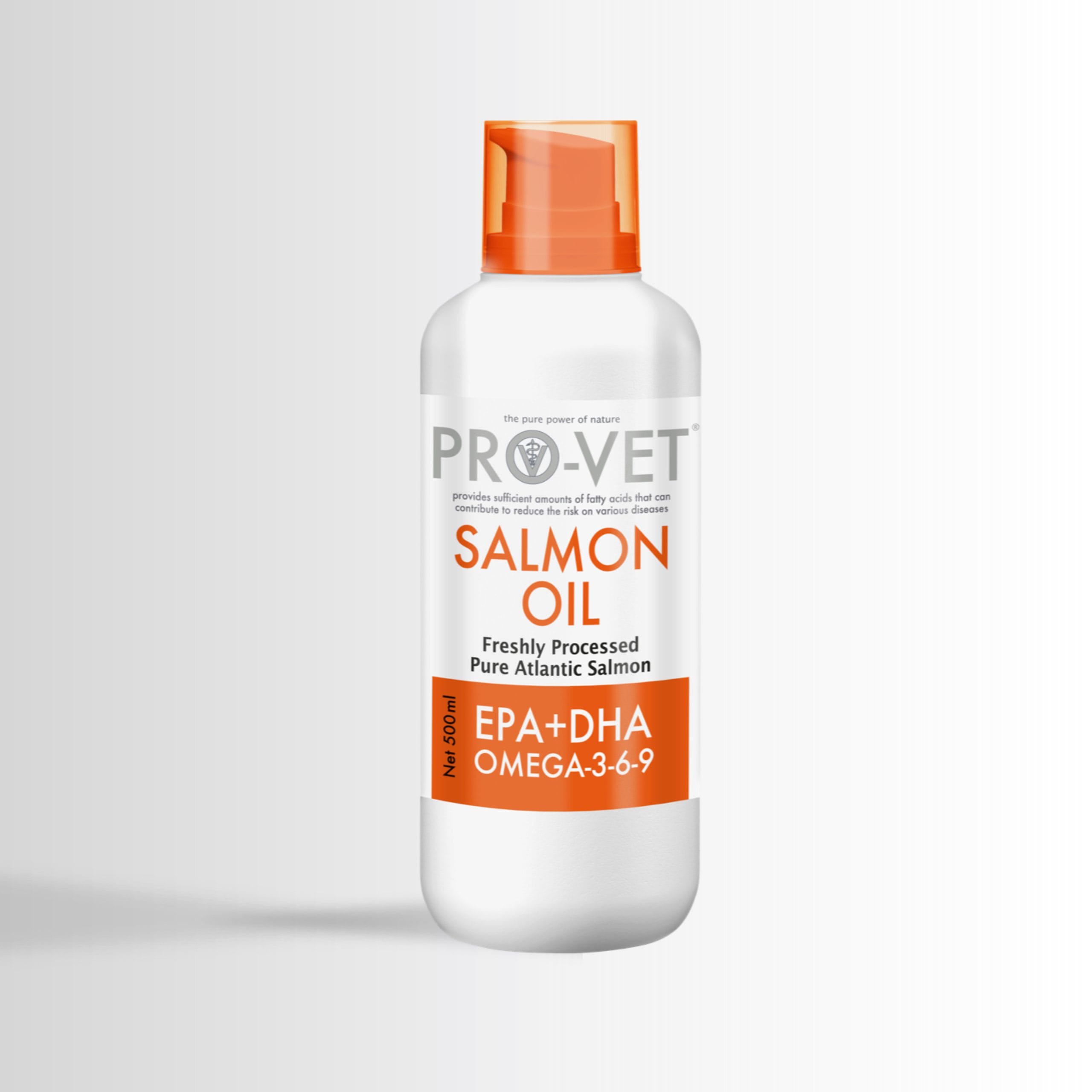Pro-Vet Salmon Oil bottle with orange cap on a light gray background