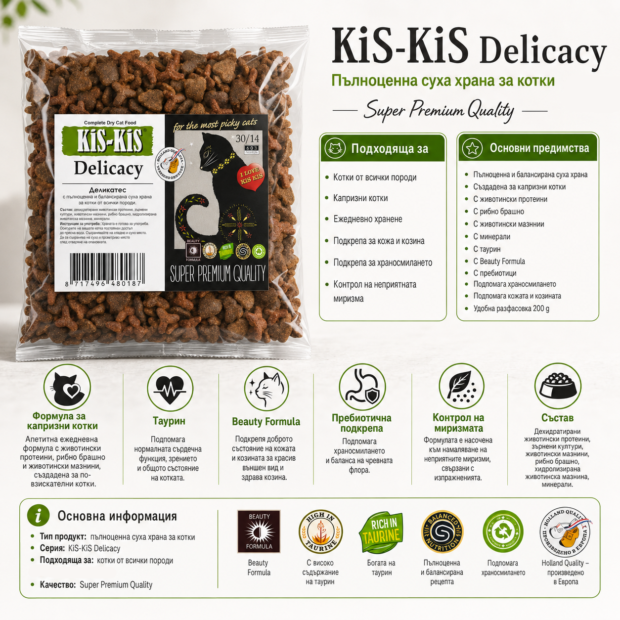 Kis-Kis Delicacy cat food packaging with text and icons on a white background