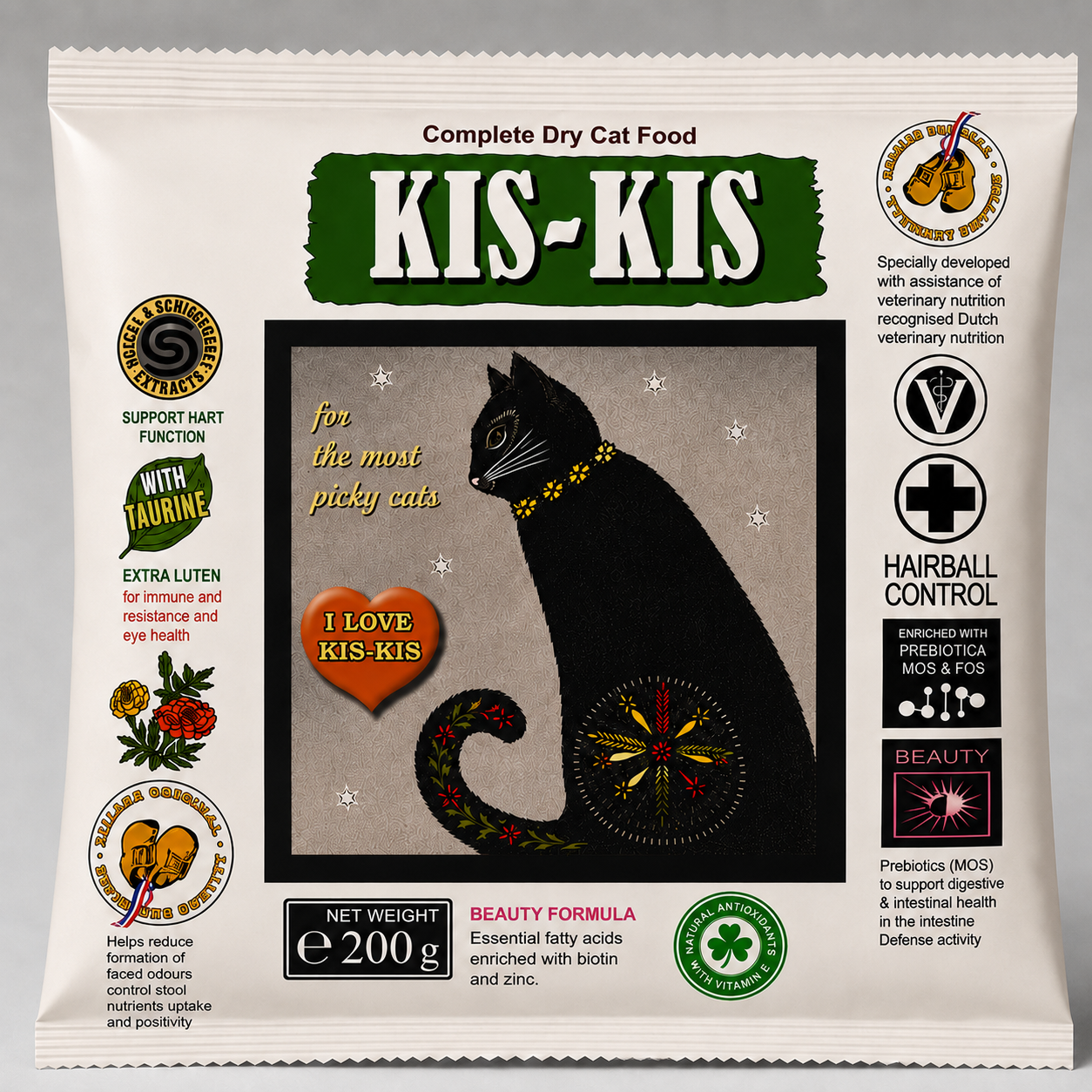 A 200g bag of KIS-KIS Complete Dry Cat Food, Beauty Formula, featuring a white background with a central black cat illustration and various green and black product benefits and ingredients highlighted.