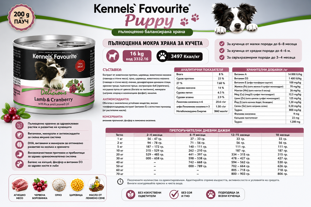 Kennels Favourite Puppy dog food packaging with nutritional information and images of a dog and a can.