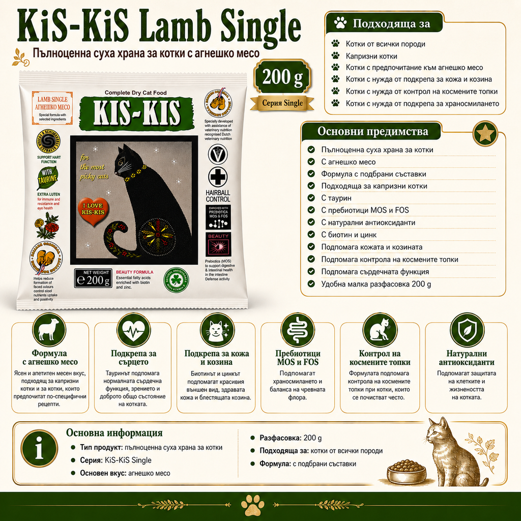 KiS-KiS Lamb Single Суха храна за Котки с Агнешко месо 200 г