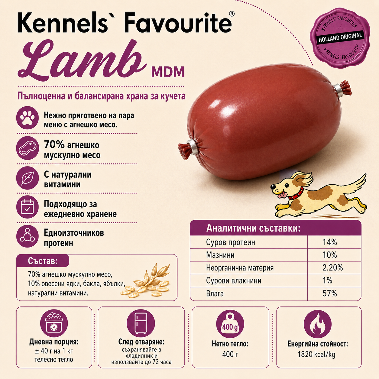 A product information graphic for Kennels Favourite Lamb MDM dog food. The image features a realistic rendering of a red-brown lamb sausage, accompanied by Bulgarian text detailing the product's ingredients (70% lamb meat), benefits, nutritional analysis, and feeding instructions on a light beige background.