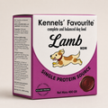 A 400g box of Kennels' Favourite Lamb Complete and Balanced dog food, featuring a white and purple box with a cartoon dog and a brown single protein source seal.