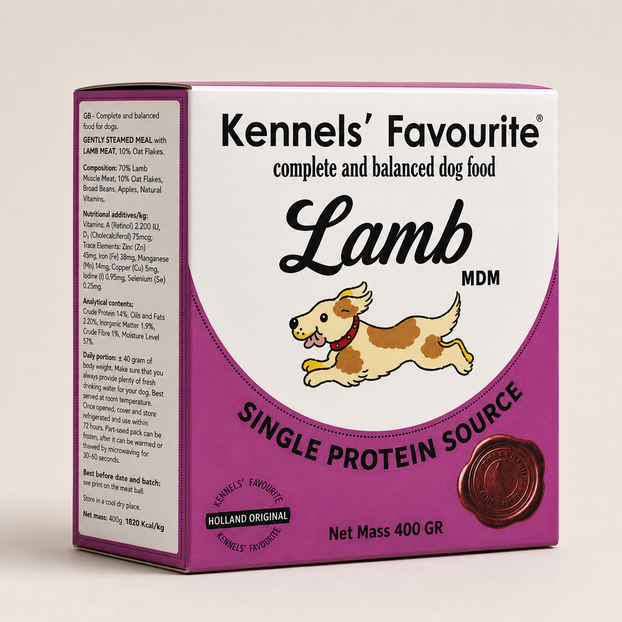 A 400g box of Kennels' Favourite Lamb Complete and Balanced dog food, featuring a white and purple box with a cartoon dog and a brown single protein source seal.