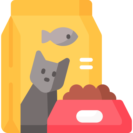 Illustration of a cat food package with a cat and fish graphics on a yellow background