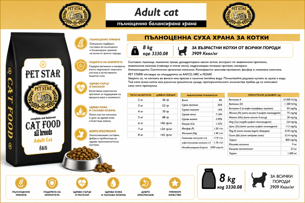 Pet Star Adult Cat Пълноценна Суха Храна за Котки 8 кг