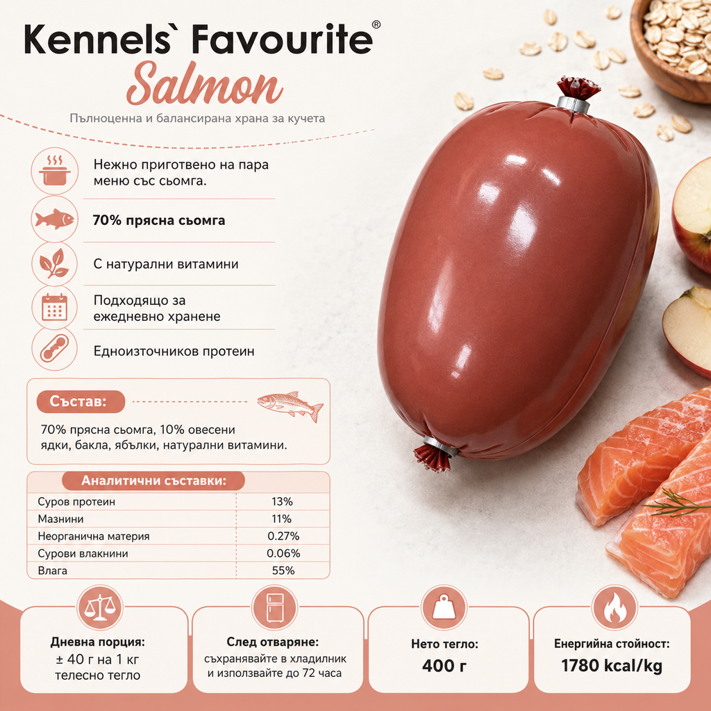 A promotional product graphic for Kennels Favourite Salmon pâté. A glossy, reddish-brown oval salmon pâté piece is centered on a light beige background, surrounded by salmon fillets, oats, and small food icons with Bulgarian text describing nutritional benefits and serving suggestions.