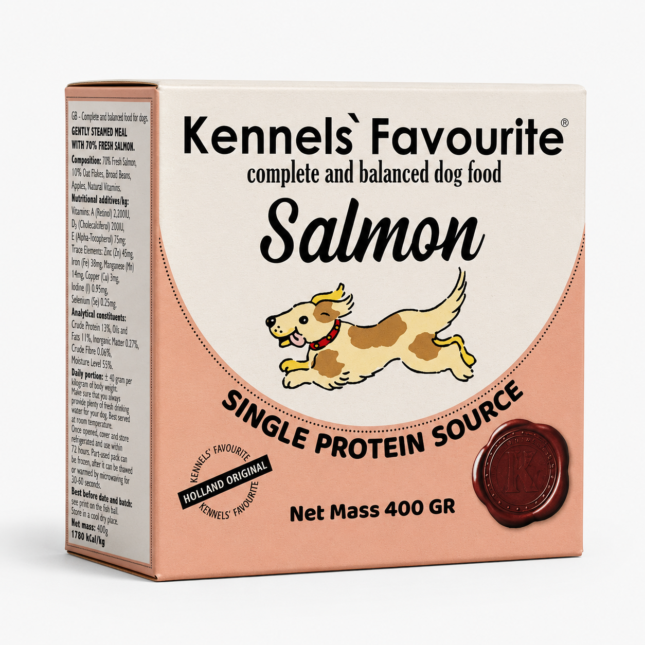 A 400g box of Kennels' Favourite Salmon dog food. The packaging features a cream-colored top half with black text and a cartoon illustration of a yellow and brown dog, and a peach-pink bottom half with a circular dotted border and a brown salmon piece shown on the right.