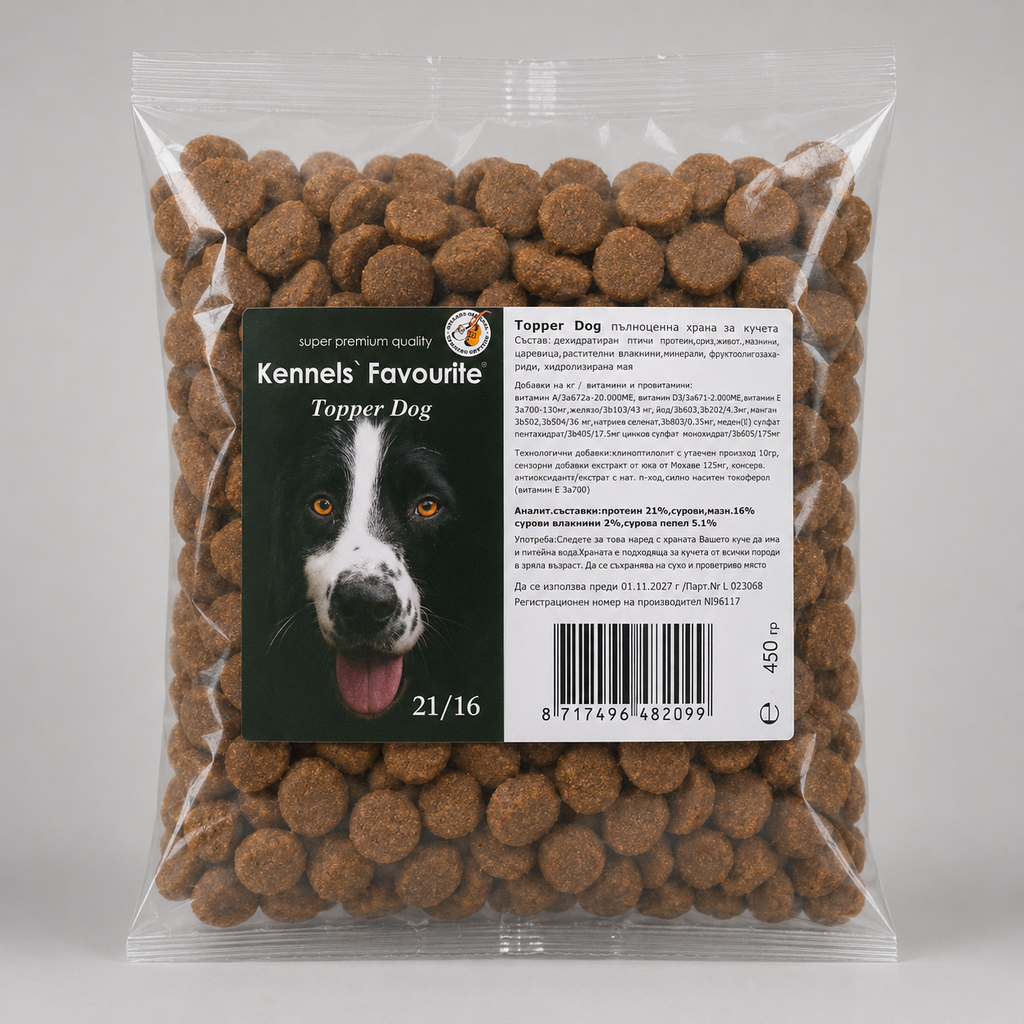 Package of dog food with a label featuring a dog's face on a white background