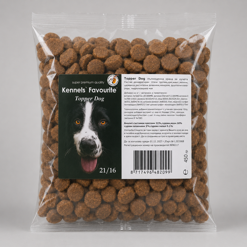 Package of dog food with a label featuring a dog's face on a white background