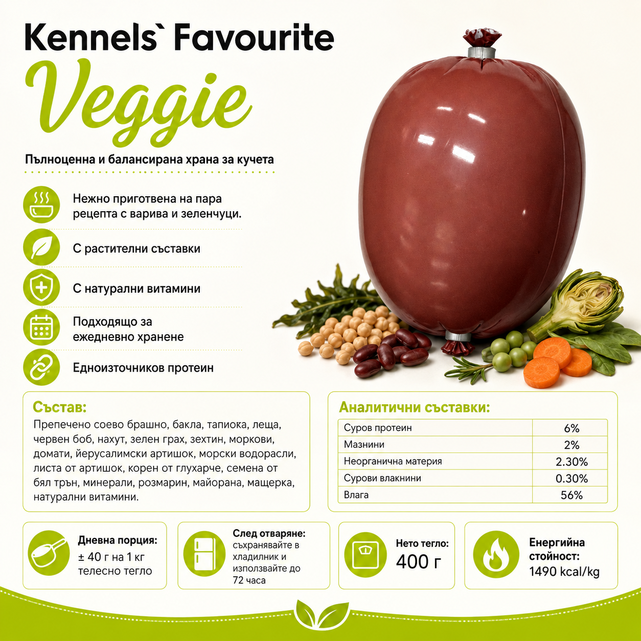 Promotional infographic for the Kennels Favourite Veggie meat warmer, showing a glossy reddish-brown spherical device on a white background with vegetables, text in Bulgarian, and nutritional claims.