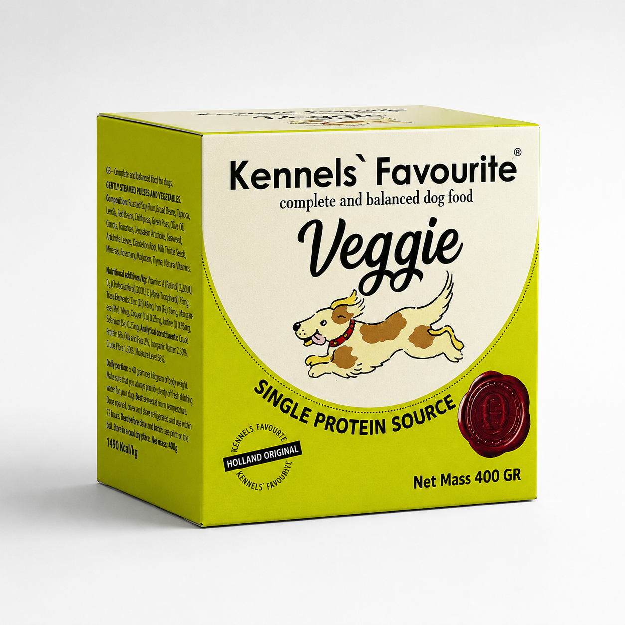 A 400g box of Kennels Favourite Veggie single protein source dog food, featuring a bright yellow-green and cream color scheme with a cartoon dog illustration.
