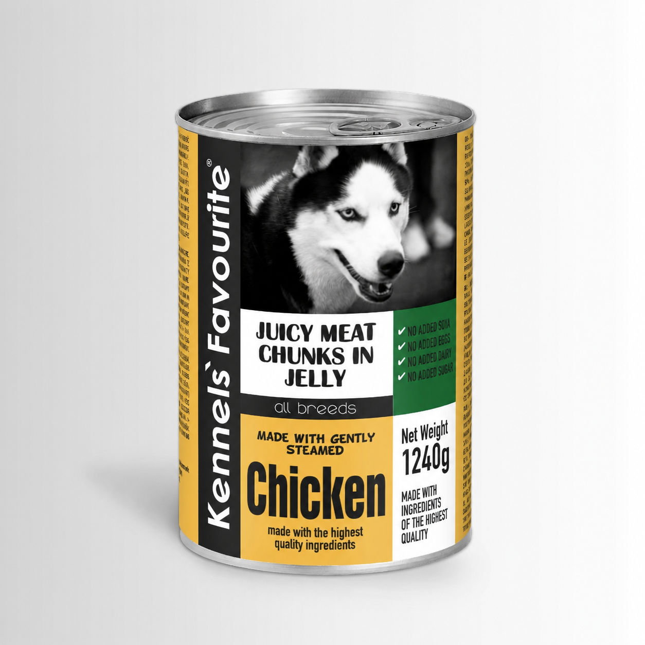 A can of Kennels Favourite Chicken dog food, featuring a label with a husky dog photo, yellow and black sections, and green accents, set against a light gray background.