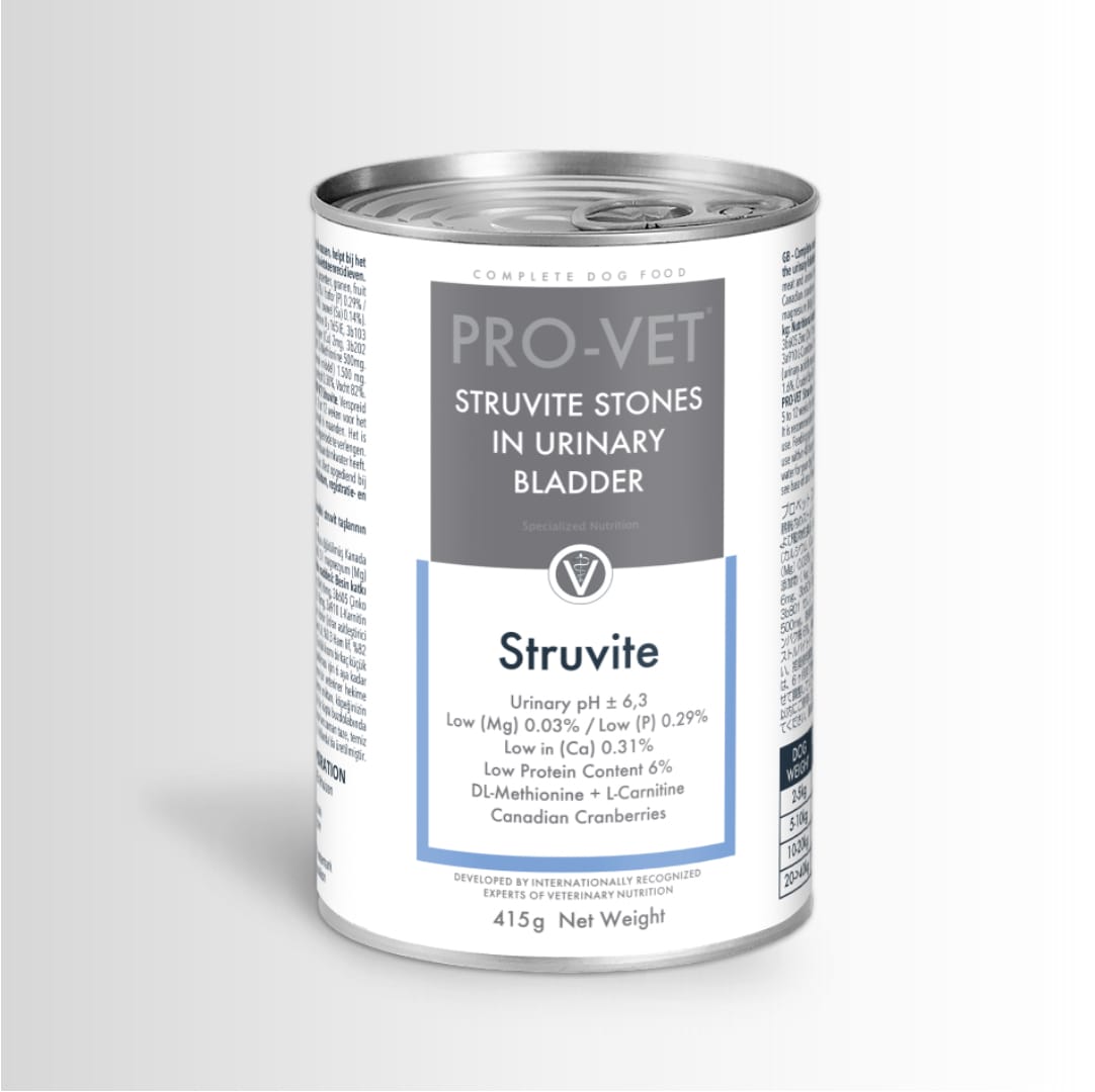 Pro-Vet canned pet food for struvite stones in urinary bladder on a white background