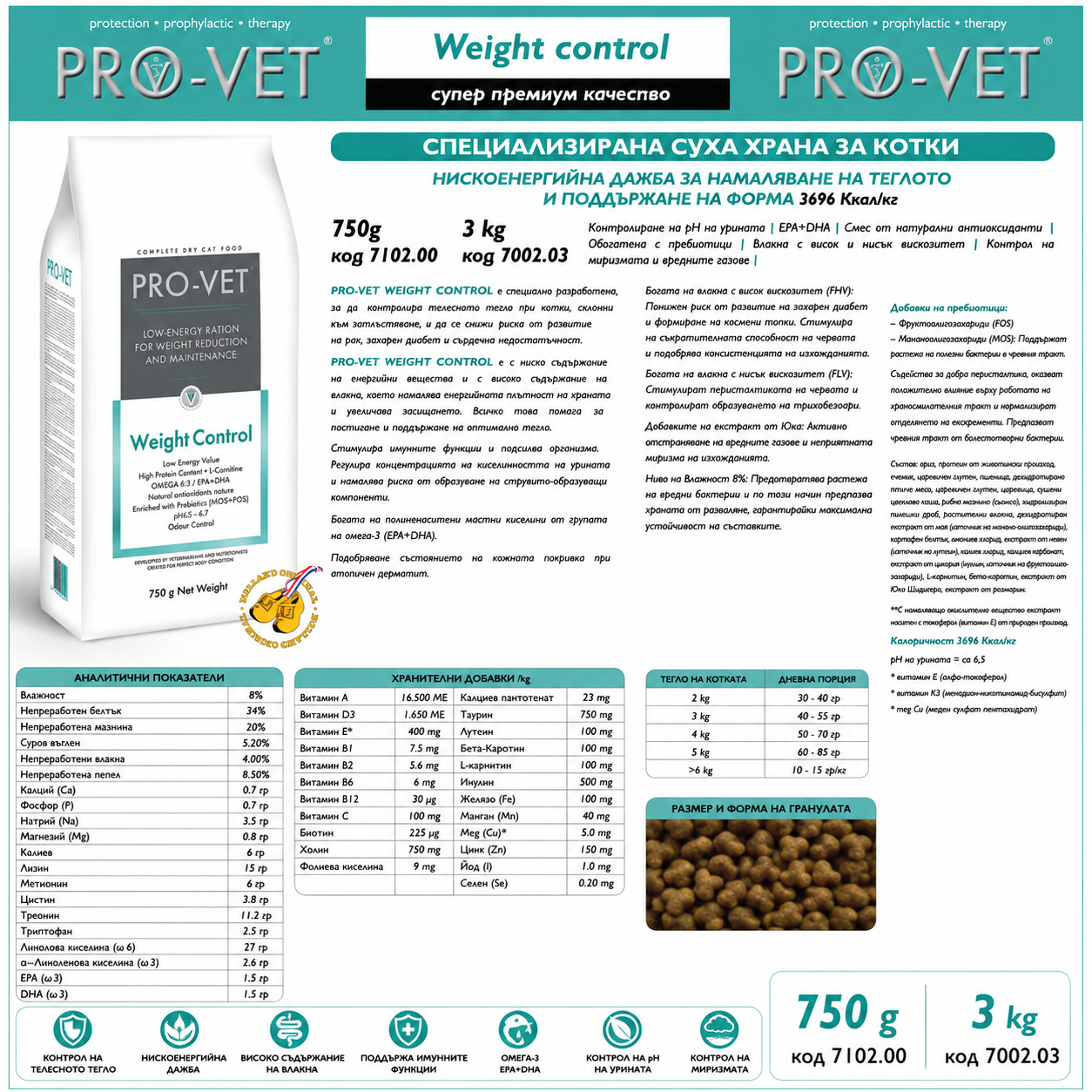 PRO-VET Weight Control Храна за Котки за Контрол на Теглото 3 кг